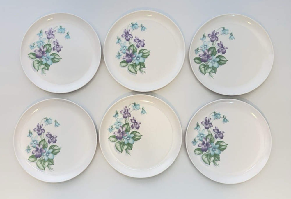 Set of 6 Royalon Melmac Violet Corsage Purple Floral Dinner Plates 9.5" MCM USA
